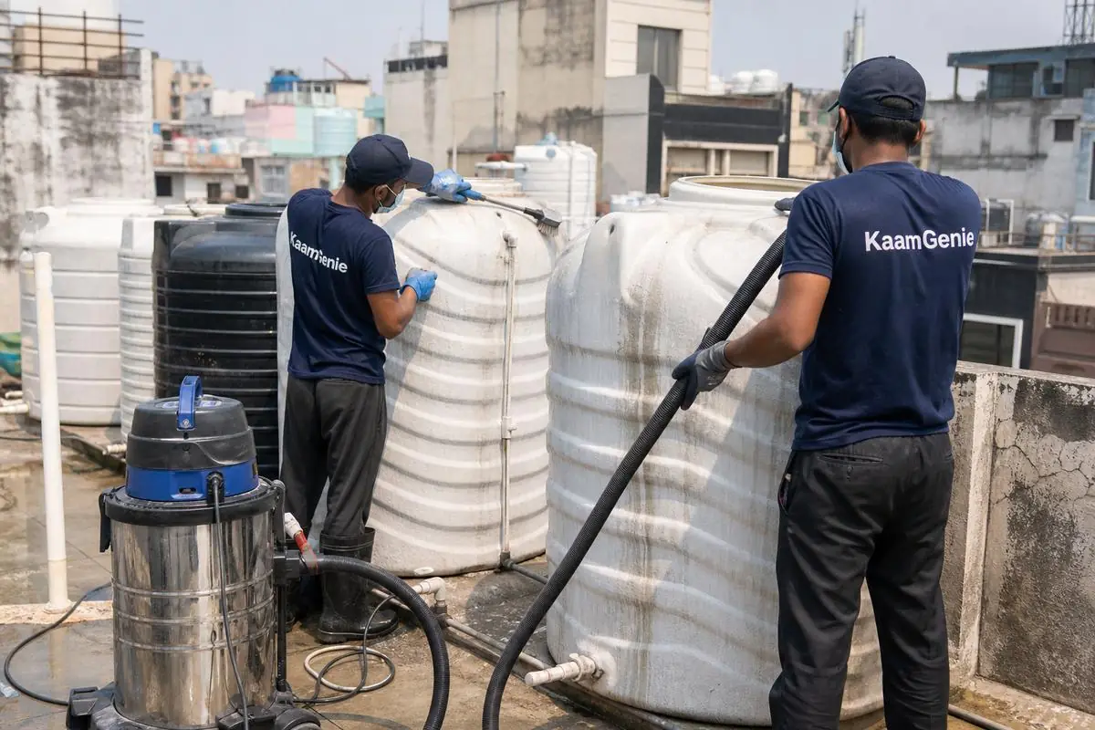 KaamGenie crew cleaning a society water tank in Daryaganj, Delhi