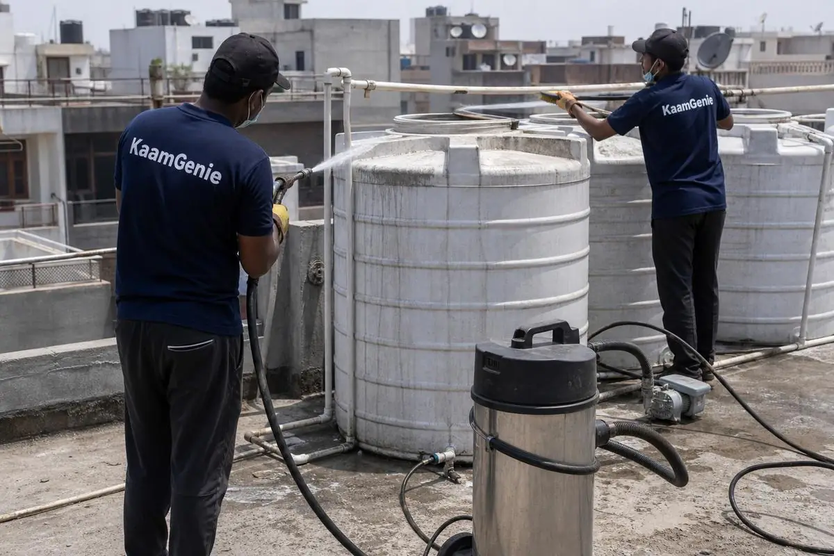 KaamGenie crew cleaning a society water tank in Dayalpur, Delhi