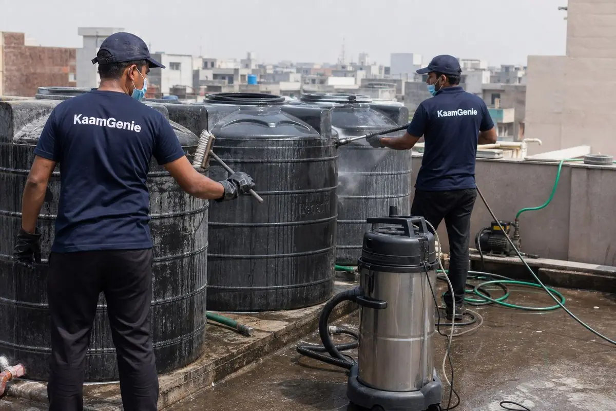KaamGenie crew cleaning a society water tank in Dayanand Colony, Delhi