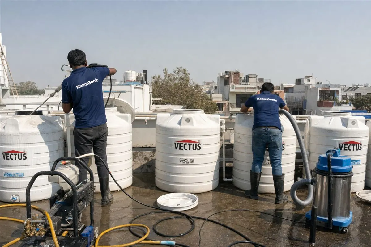 KaamGenie crew cleaning a society water tank in Defence Colony, Delhi