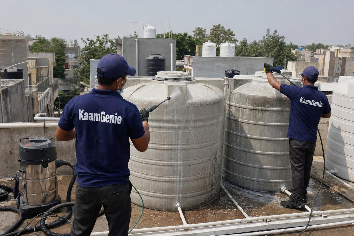 KaamGenie crew cleaning a society water tank in Delhi Cantt, Delhi