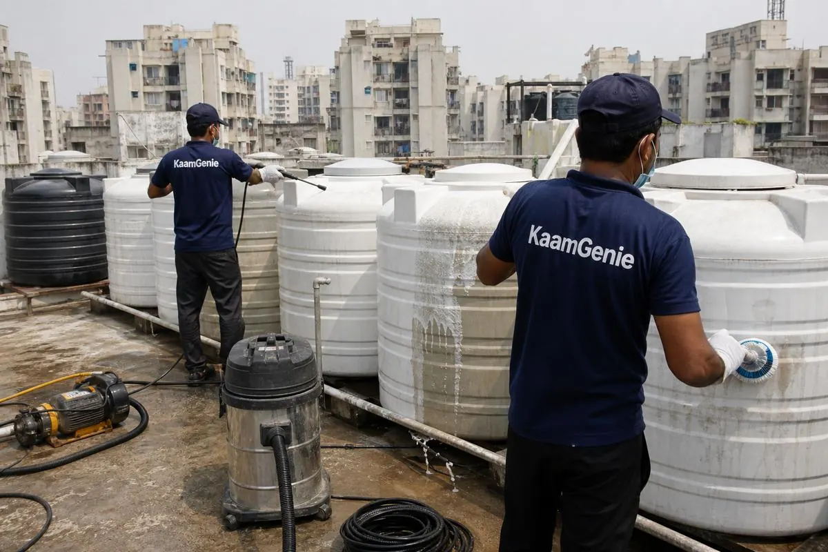KaamGenie crew cleaning a society water tank in Dilshad Garden, Delhi
