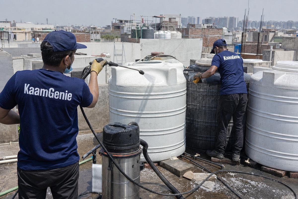 KaamGenie crew cleaning a society water tank in Dwarka Mor, Delhi