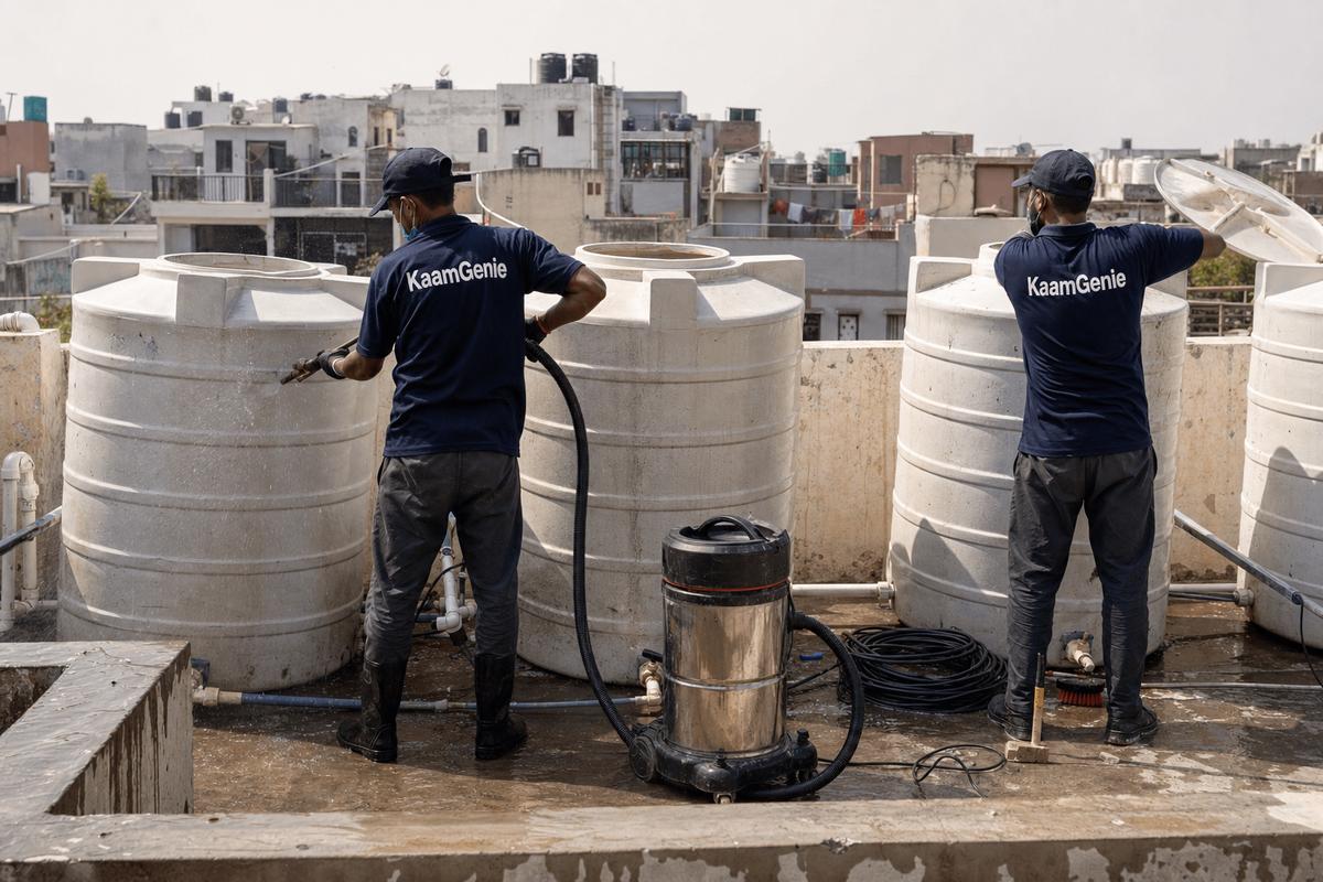 KaamGenie crew cleaning a society water tank in Dwarka Sector 1, Delhi