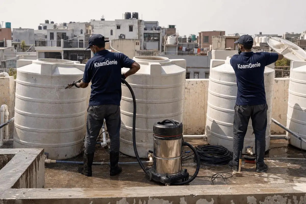 KaamGenie crew cleaning a society water tank in Dwarka Sector 1, Delhi