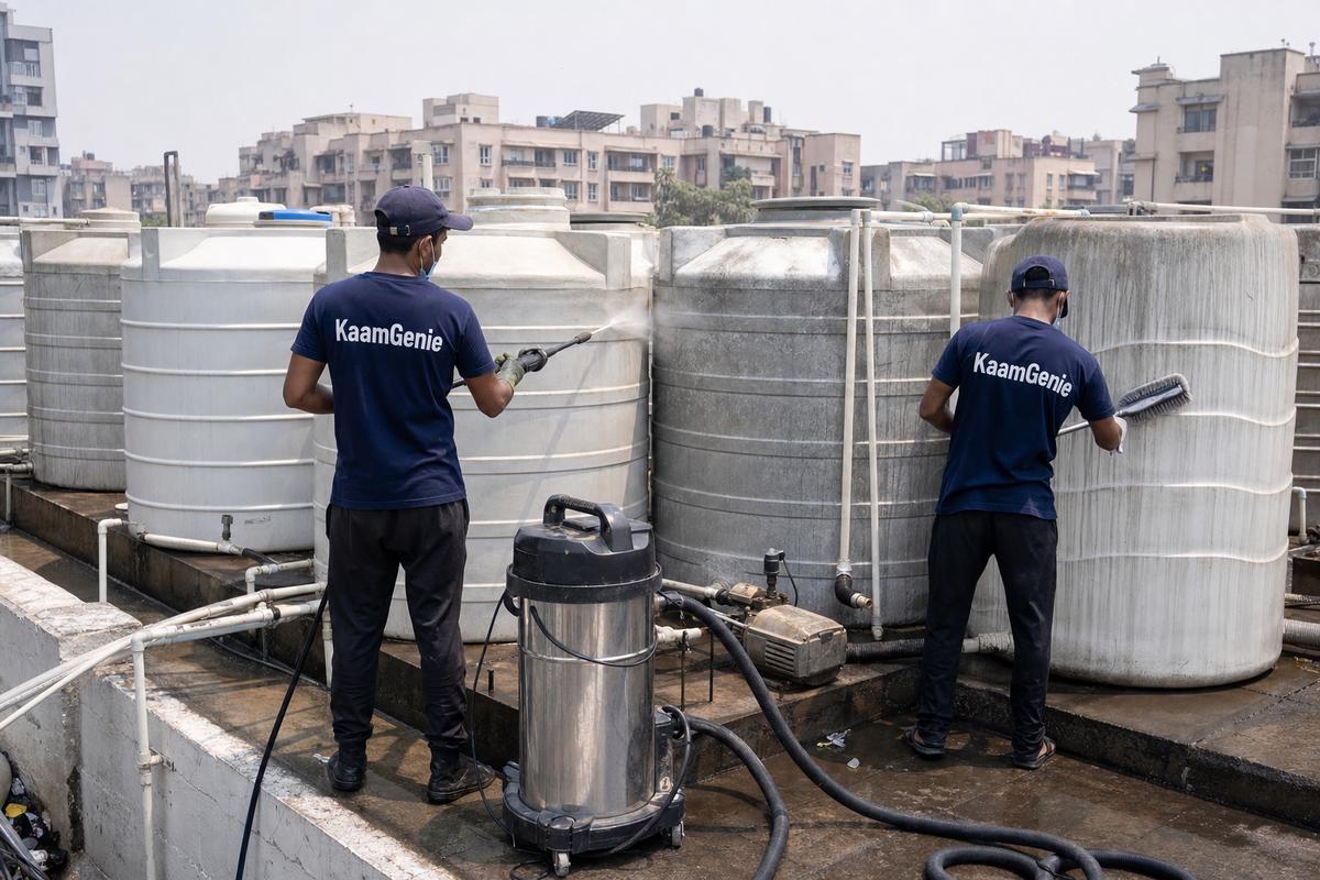 KaamGenie crew cleaning a society water tank in Dwarka Sector 10, Delhi