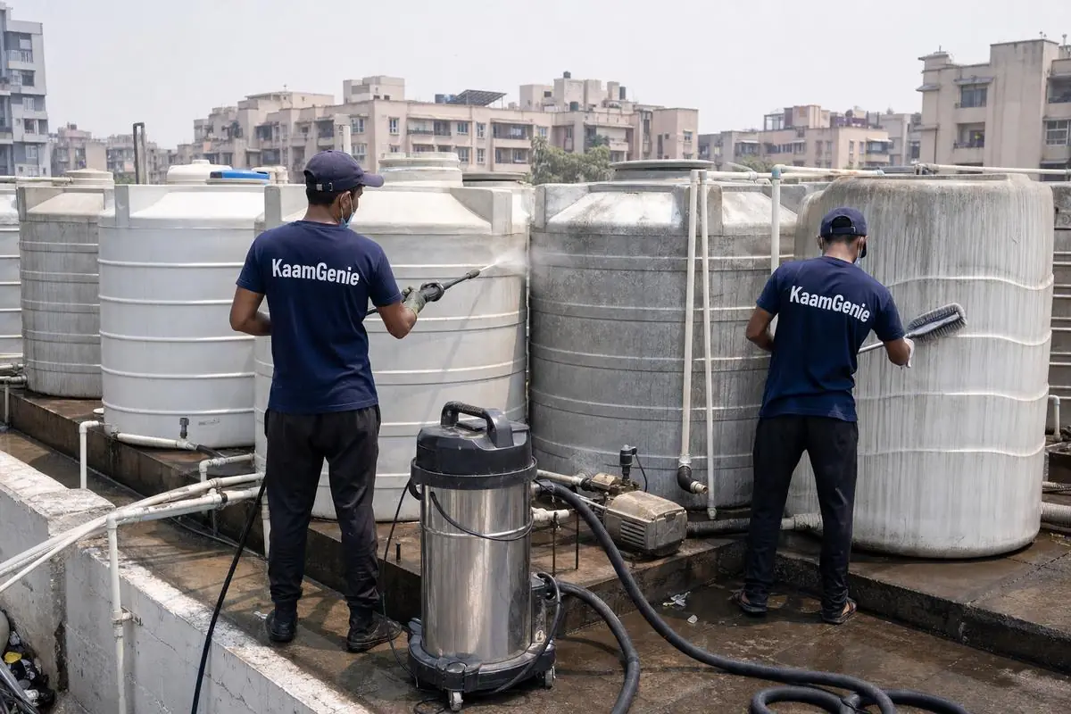 KaamGenie crew cleaning a society water tank in Dwarka Sector 10, Delhi