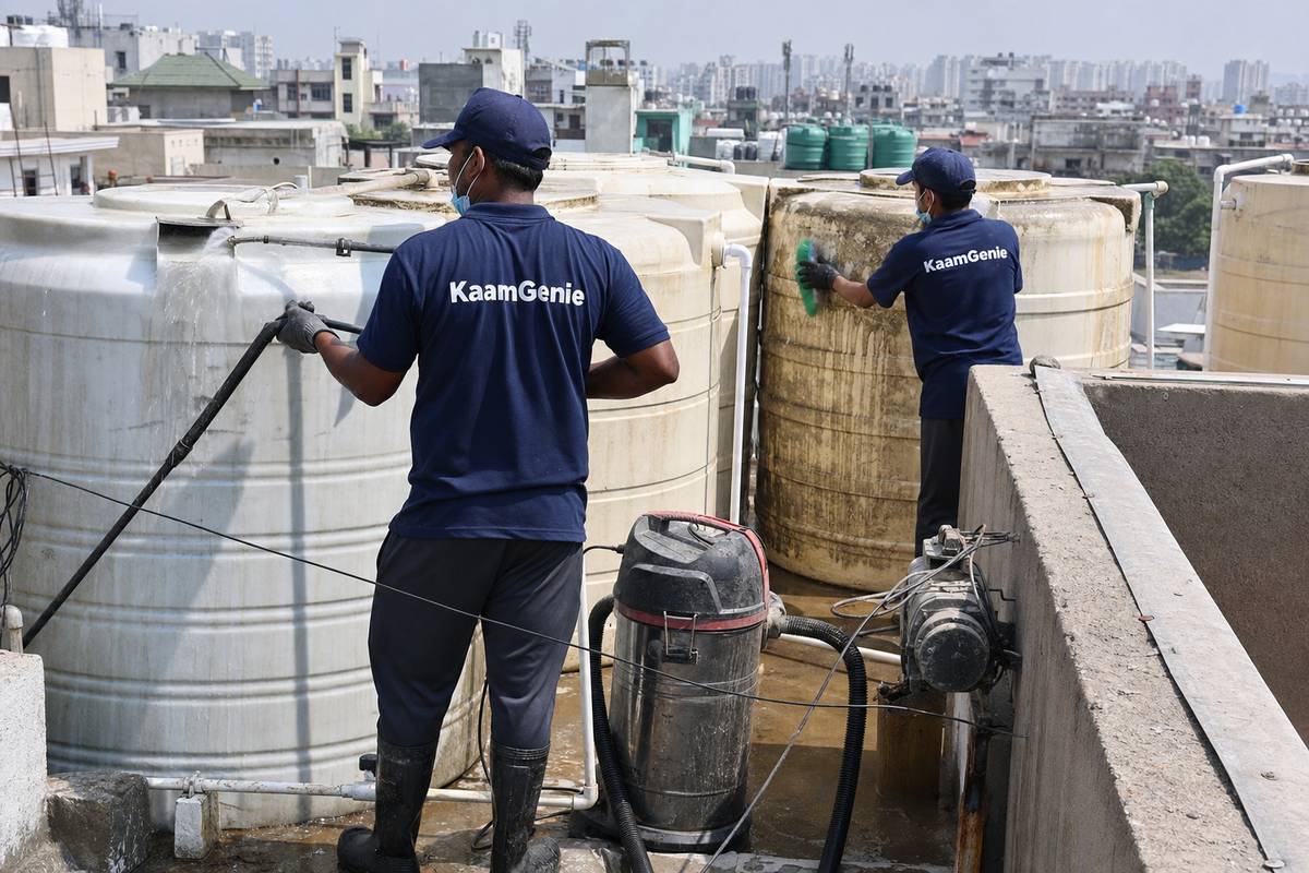 KaamGenie crew cleaning a society water tank in Dwarka Sector 11, Delhi