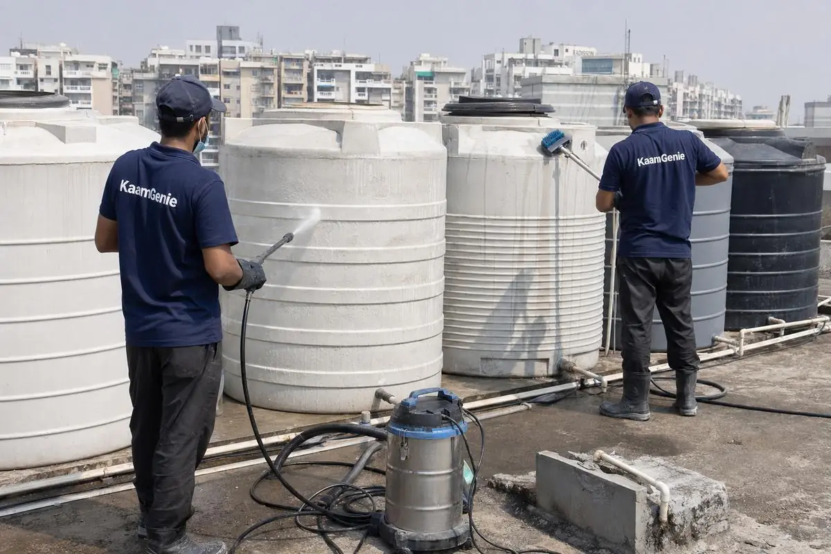 KaamGenie crew cleaning a society water tank in Dwarka Sector 13, Delhi