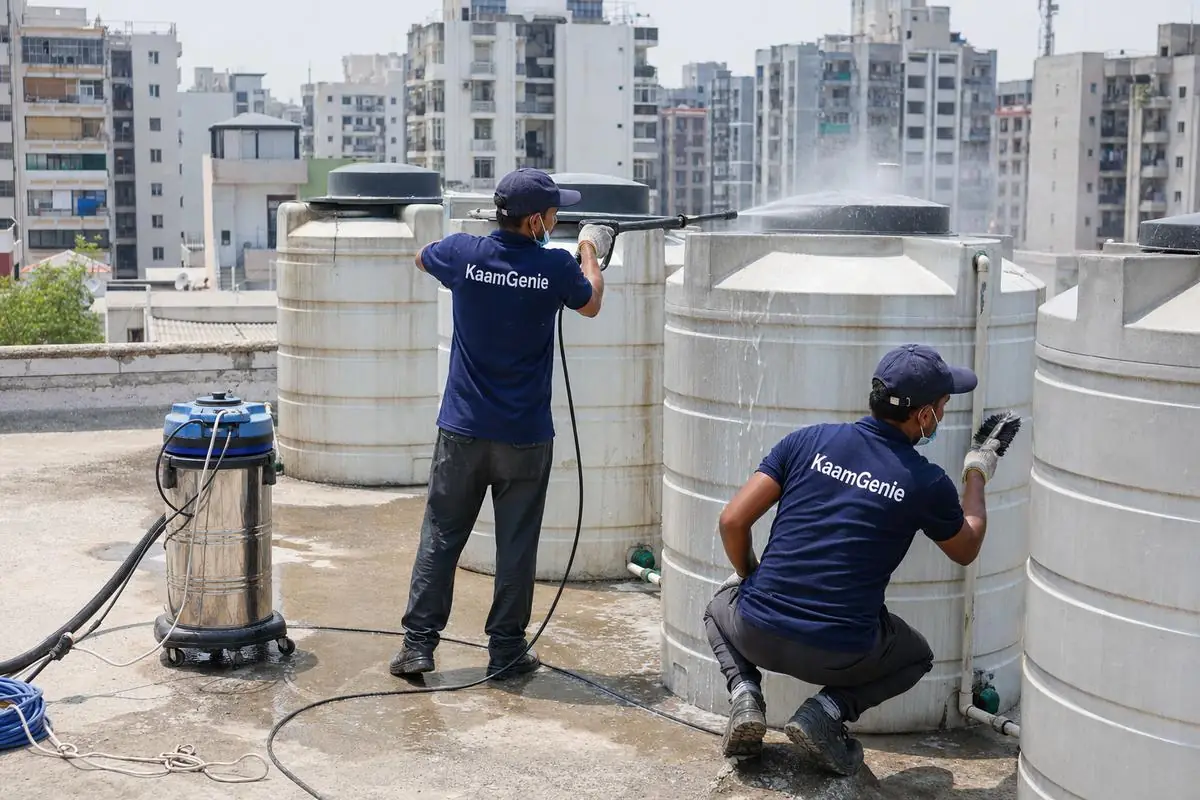 KaamGenie crew cleaning a society water tank in Dwarka Sector 14, Delhi