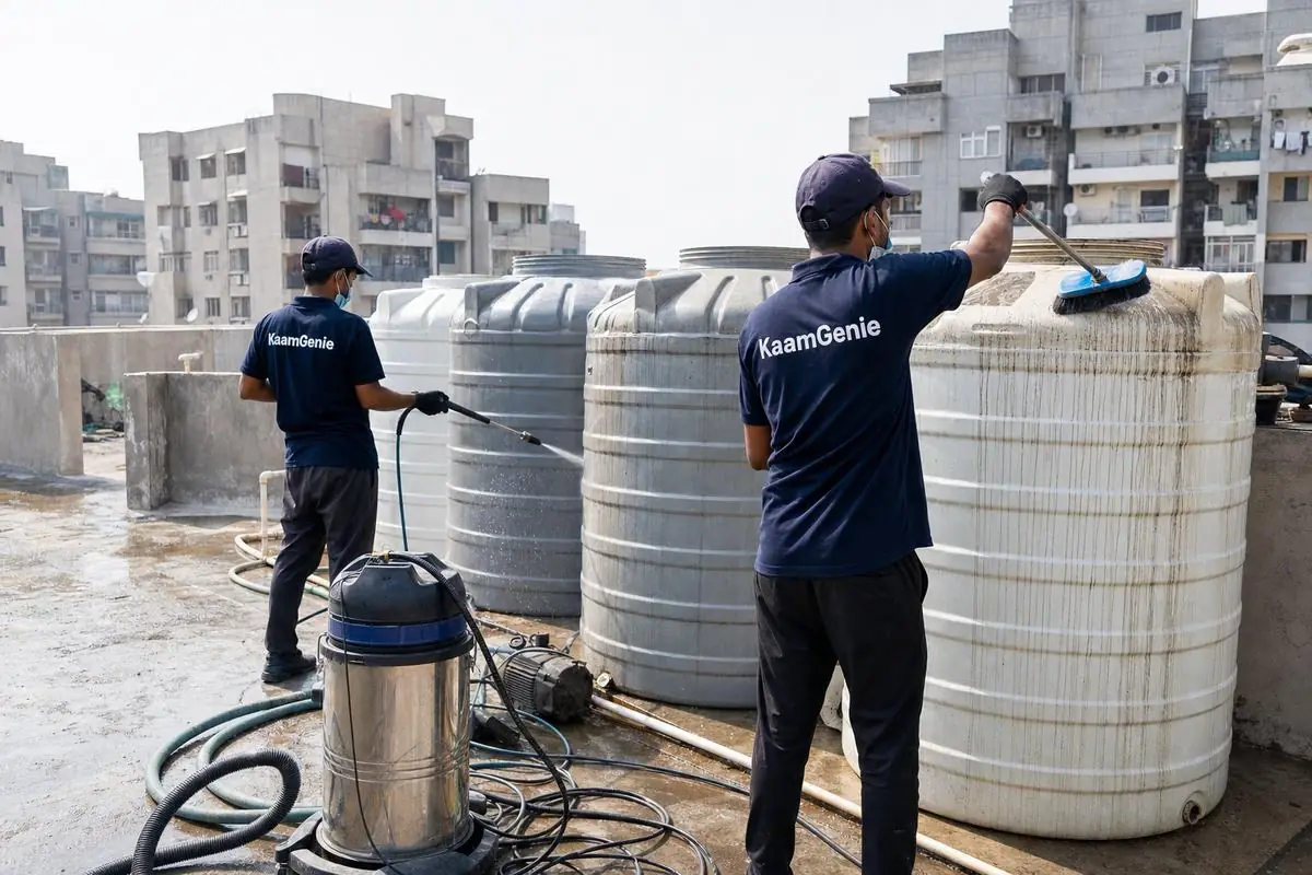KaamGenie crew cleaning a society water tank in Dwarka Sector 15, Delhi