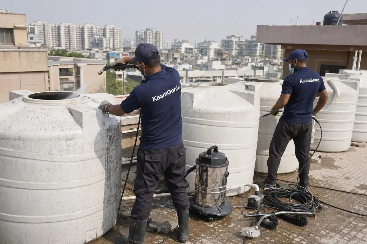 KaamGenie crew cleaning a society water tank in Dwarka Sector 17, Delhi