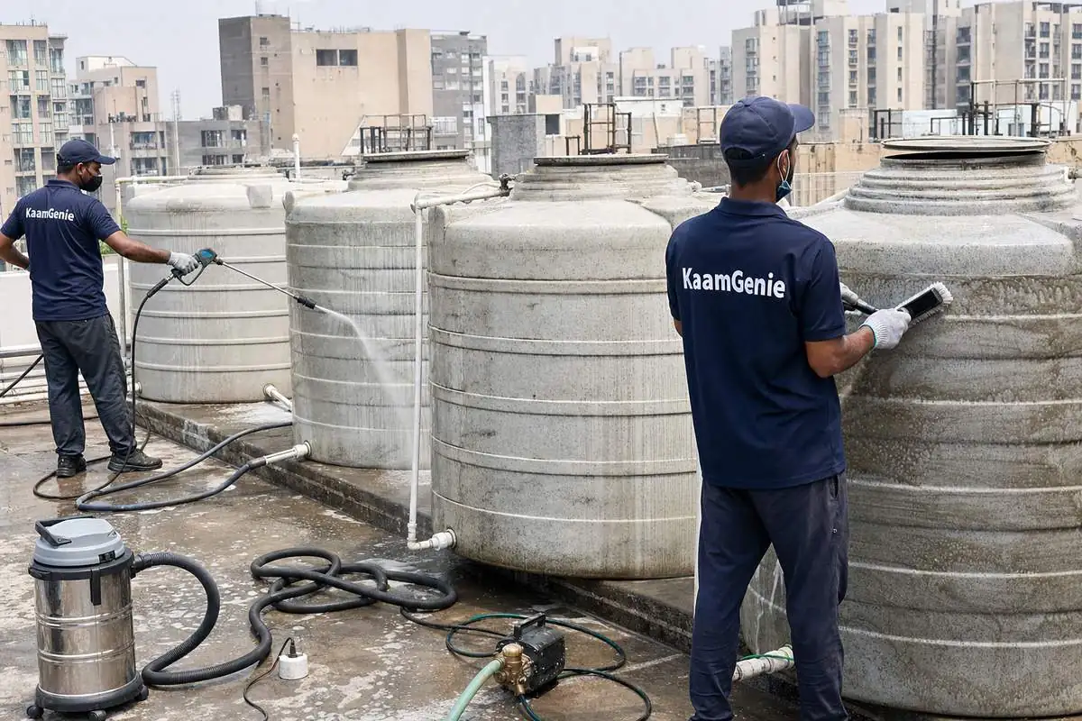 KaamGenie crew cleaning a society water tank in Dwarka Sector 18, Delhi