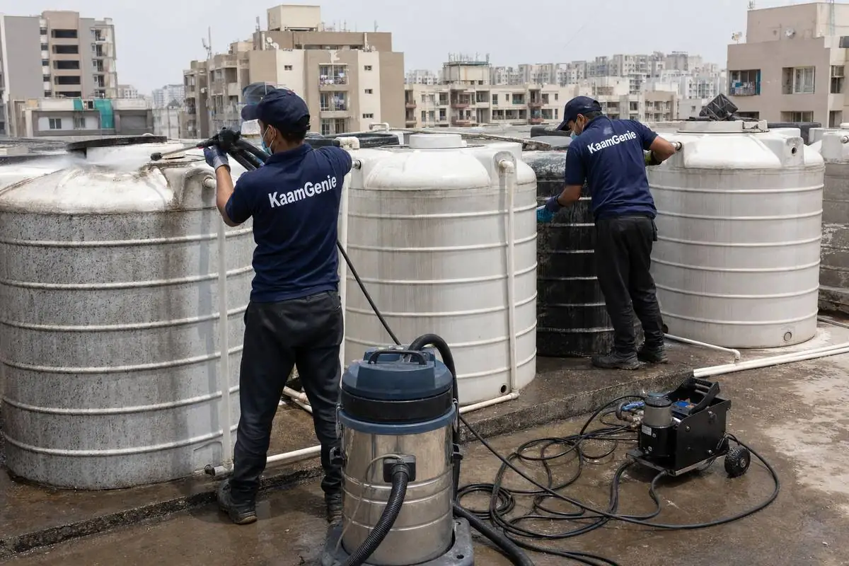 KaamGenie crew cleaning a society water tank in Dwarka Sector 19, Delhi