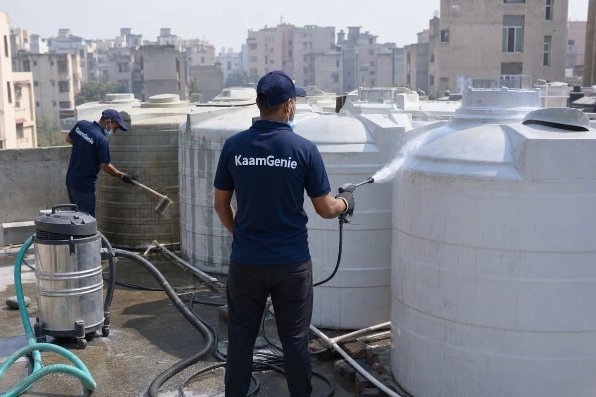 KaamGenie crew cleaning a society water tank in Dwarka Sector 2, Delhi