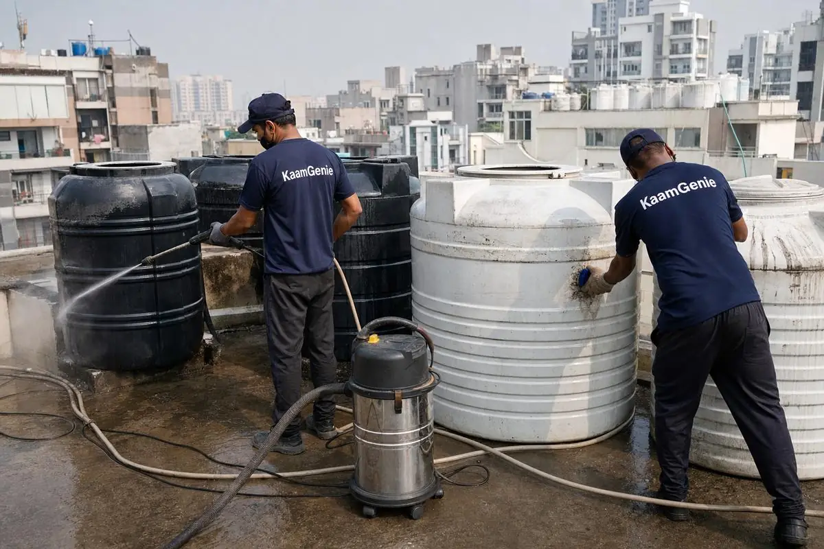 KaamGenie crew cleaning a society water tank in Dwarka Sector 20, Delhi