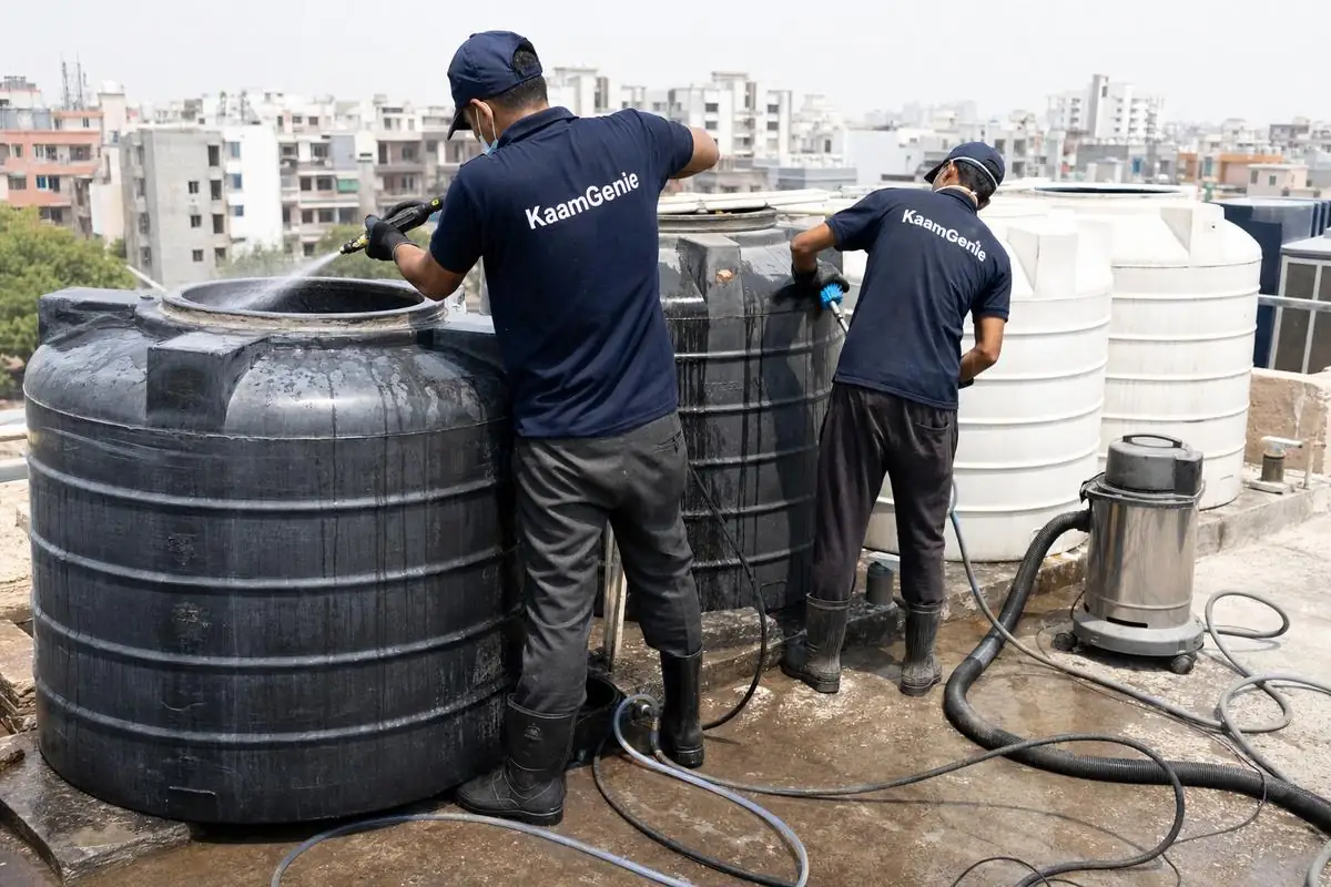 KaamGenie crew cleaning a society water tank in Dwarka Sector 23, Delhi