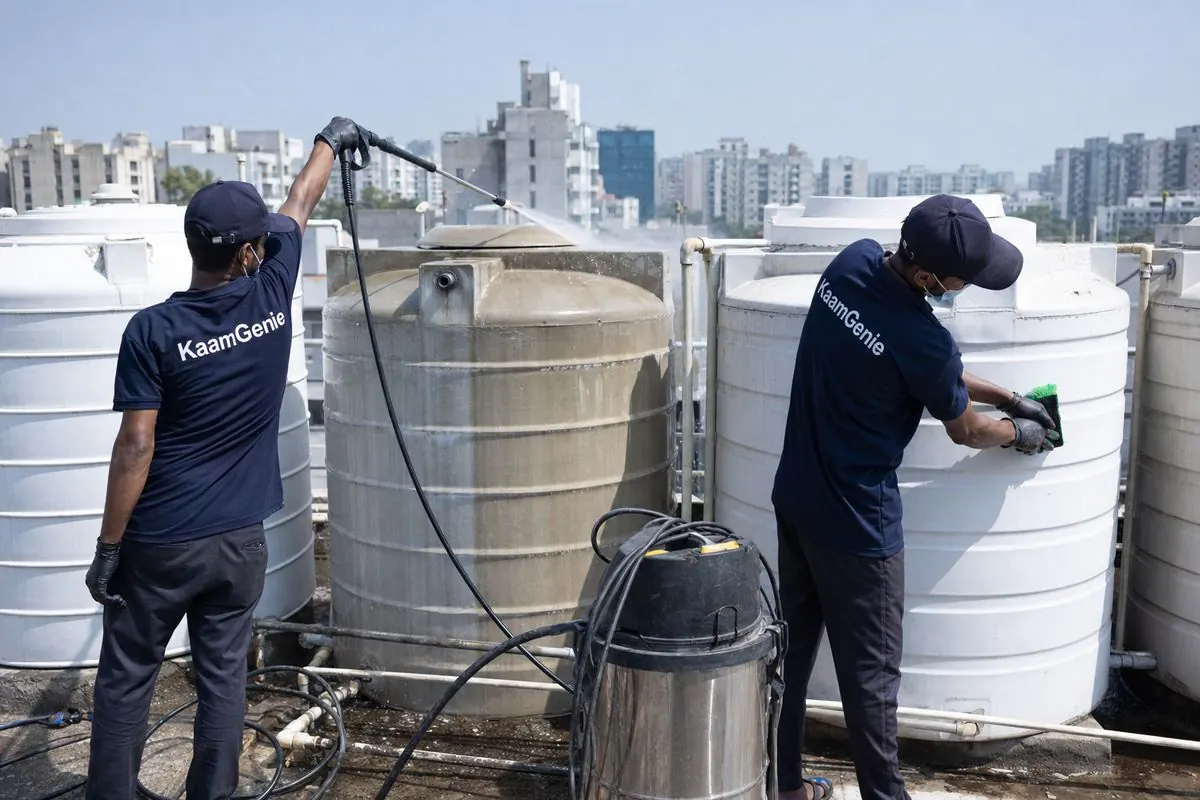 KaamGenie crew cleaning a society water tank in Dwarka Sector 24, Delhi
