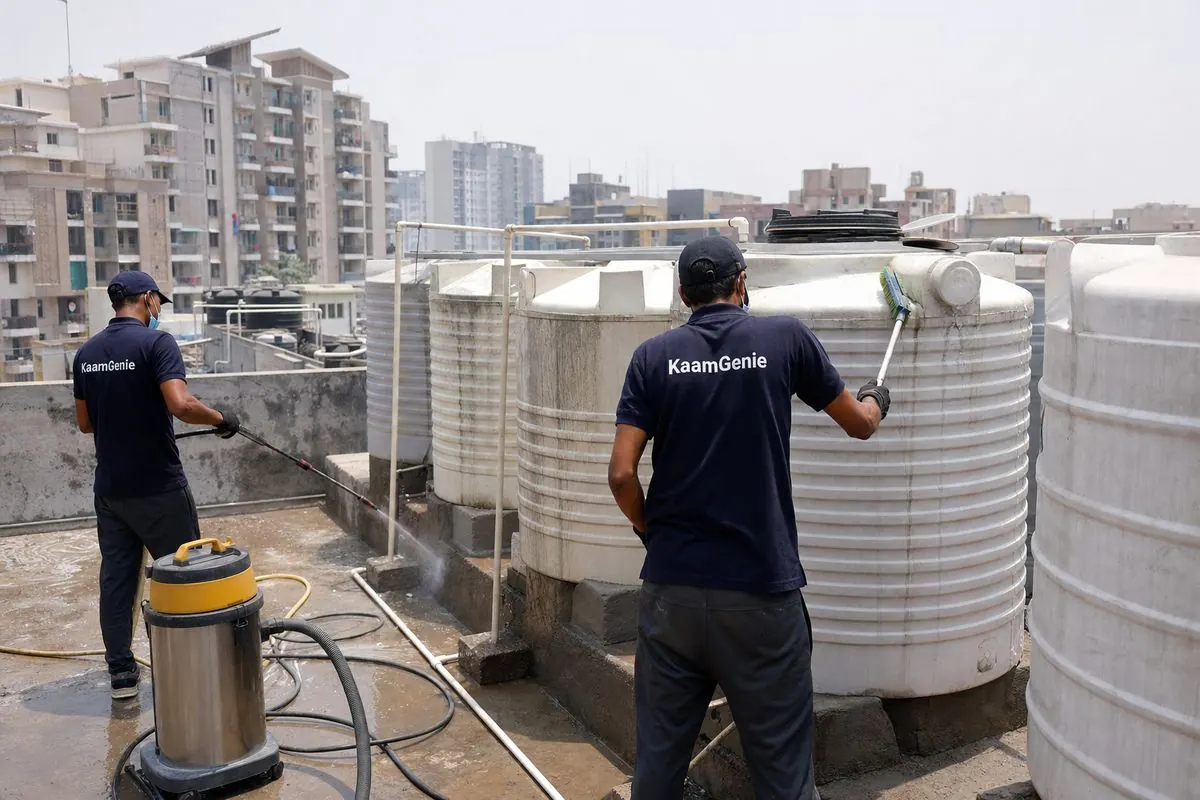 KaamGenie crew cleaning a society water tank in Dwarka Sector 26, Delhi