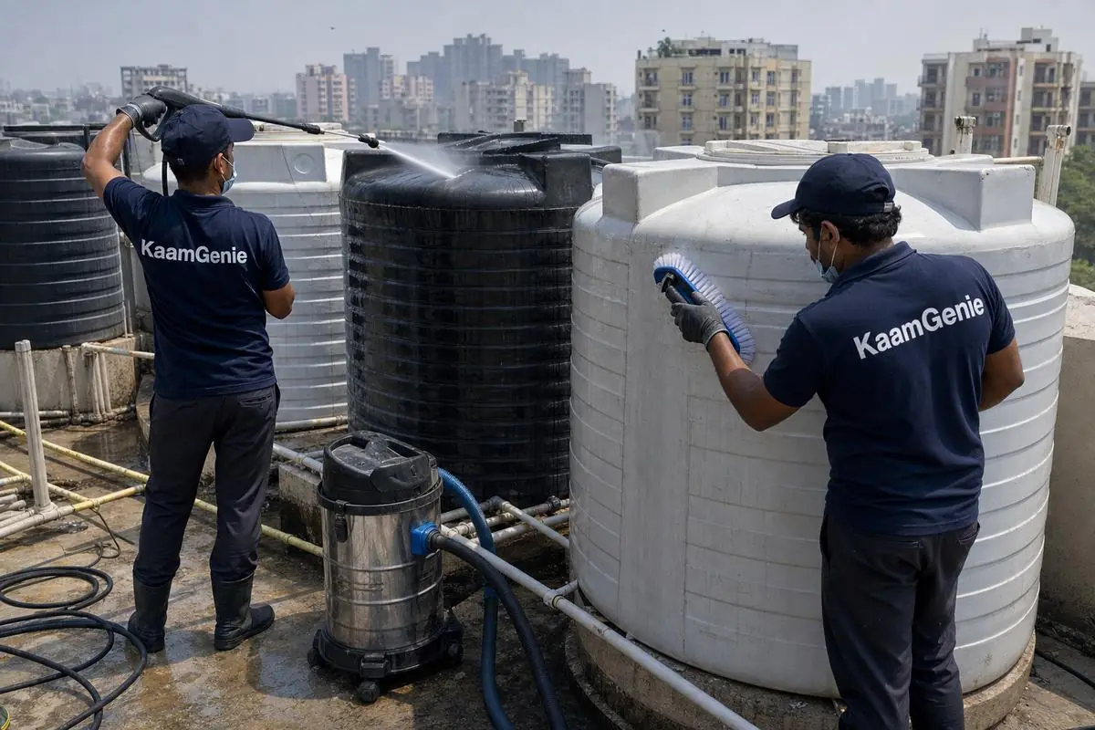 KaamGenie crew cleaning a society water tank in Dwarka Sector 29, Delhi