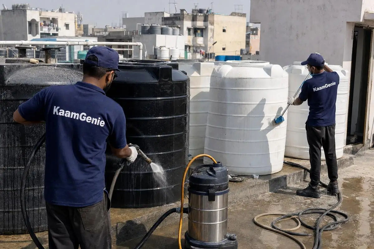 KaamGenie crew cleaning a society water tank in Dwarka Sector 3, Delhi
