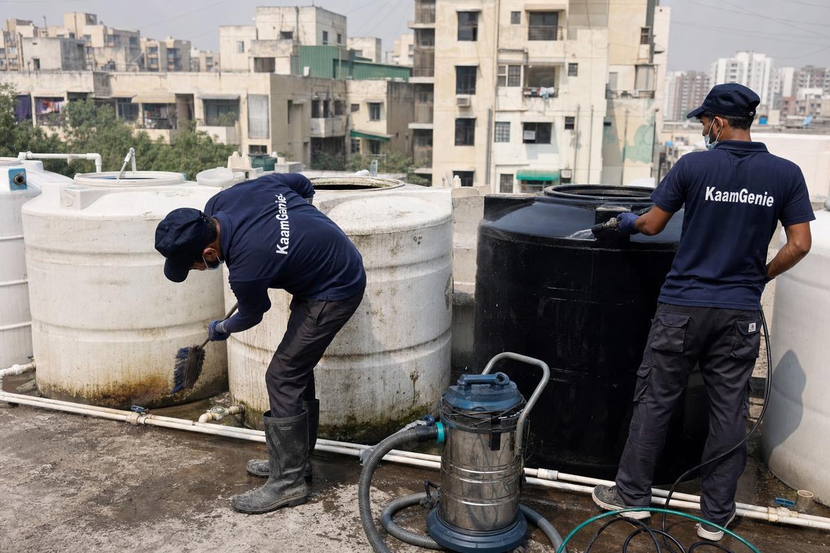 KaamGenie crew cleaning a society water tank in Dwarka Sector 4, Delhi