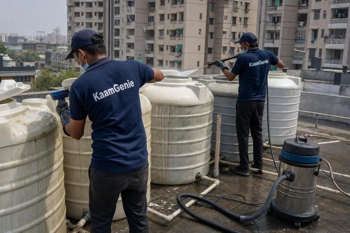 KaamGenie crew cleaning a society water tank in Dwarka Sector 5, Delhi