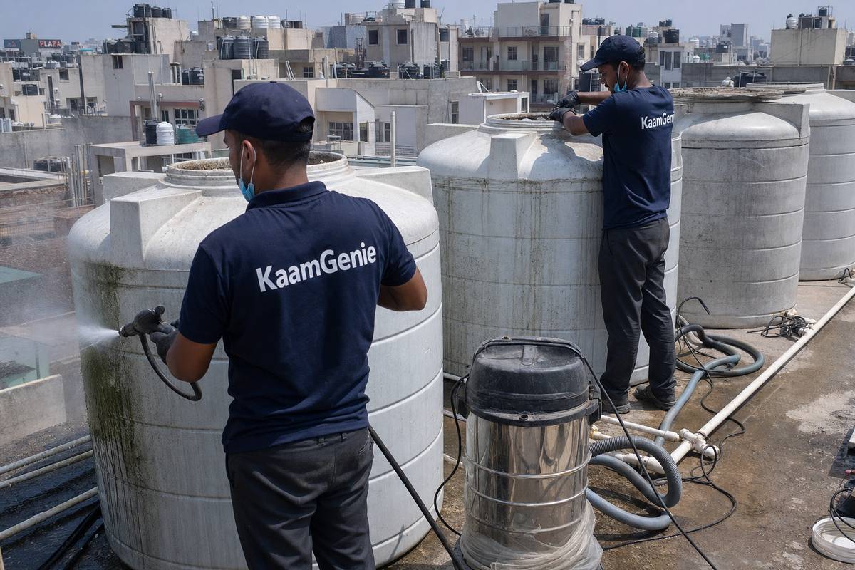 KaamGenie crew cleaning a society water tank in Dwarka Sector 6, Delhi