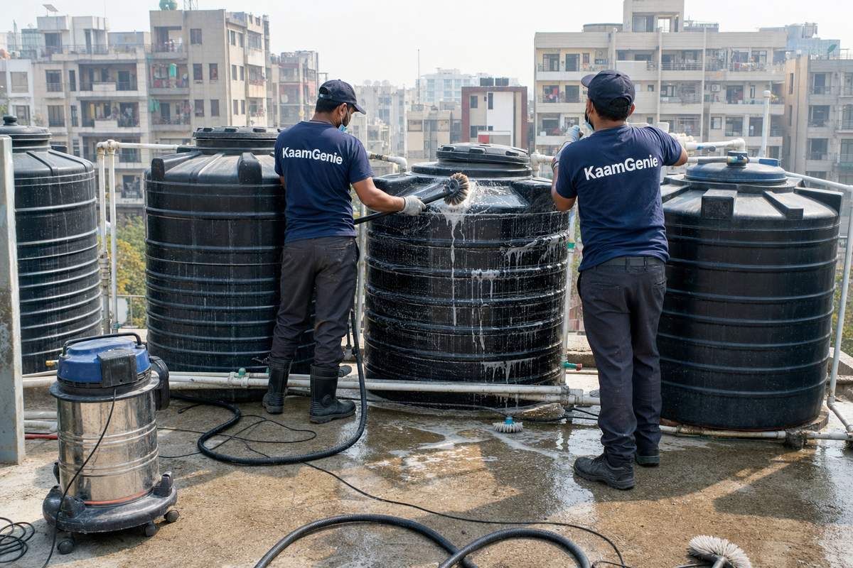 KaamGenie crew cleaning a society water tank in Dwarka Sector 7, Delhi