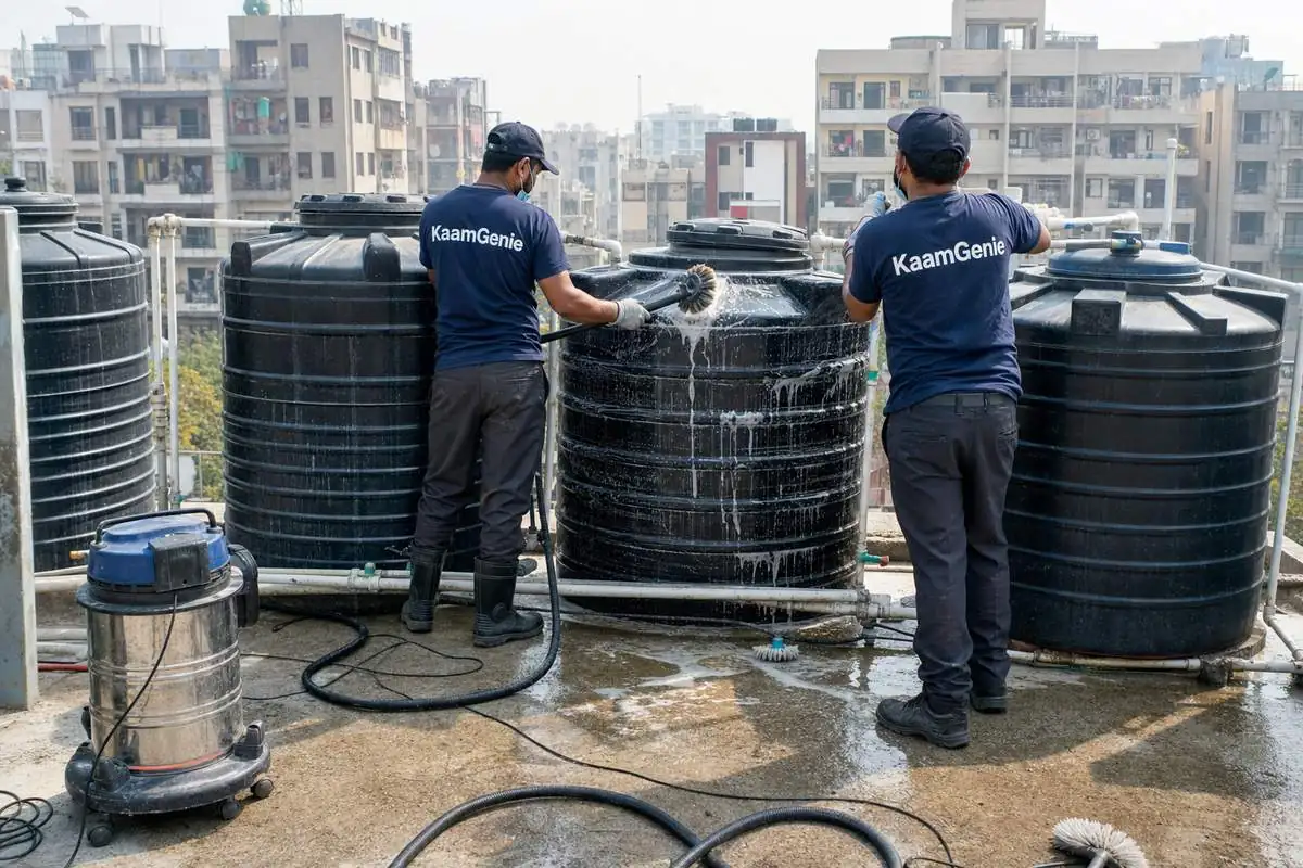 KaamGenie crew cleaning a society water tank in Dwarka Sector 7, Delhi