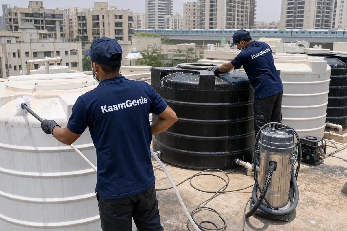KaamGenie crew cleaning a society water tank in Dwarka Sector 9, Delhi