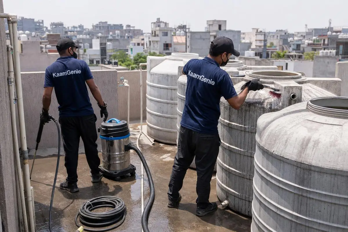 KaamGenie crew cleaning a society water tank in Freedom Fighter Enclave, Delhi