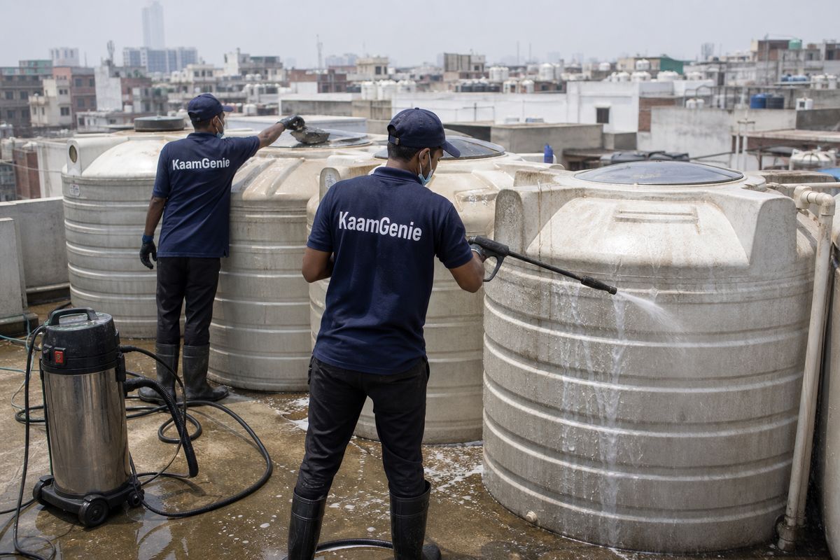 KaamGenie crew cleaning a society water tank in Gandhi Nagar, Delhi