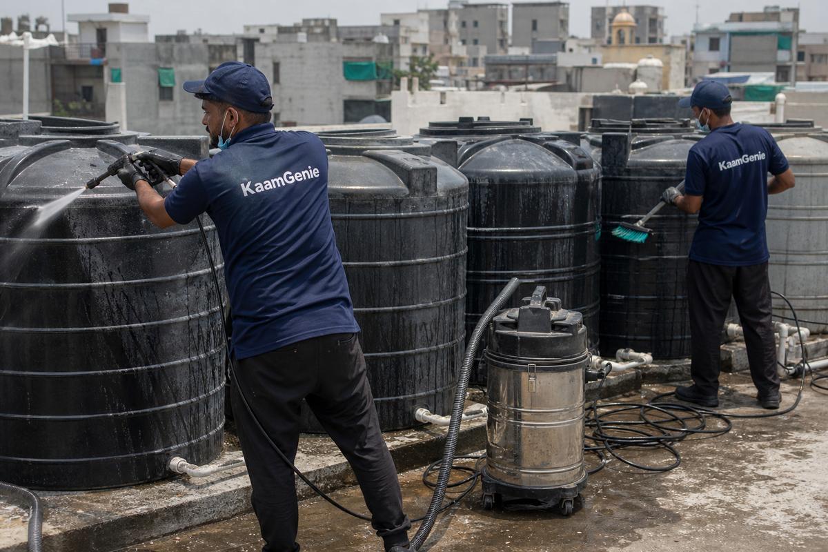 KaamGenie crew cleaning a society water tank in Garhi, Delhi