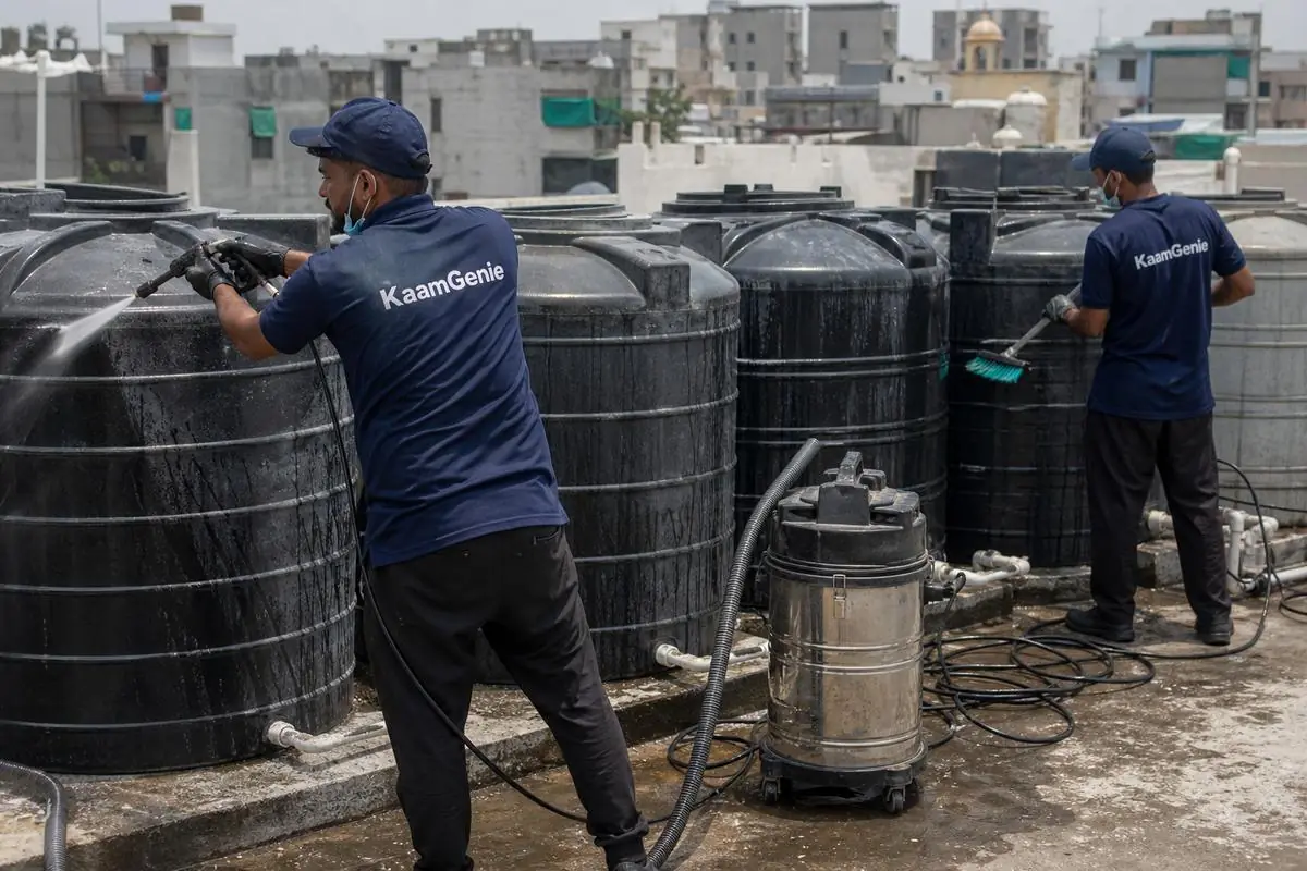 KaamGenie crew cleaning a society water tank in Garhi, Delhi