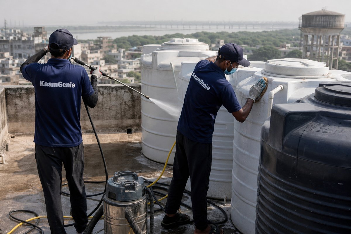 KaamGenie crew cleaning a society water tank in Geeta Colony, Delhi
