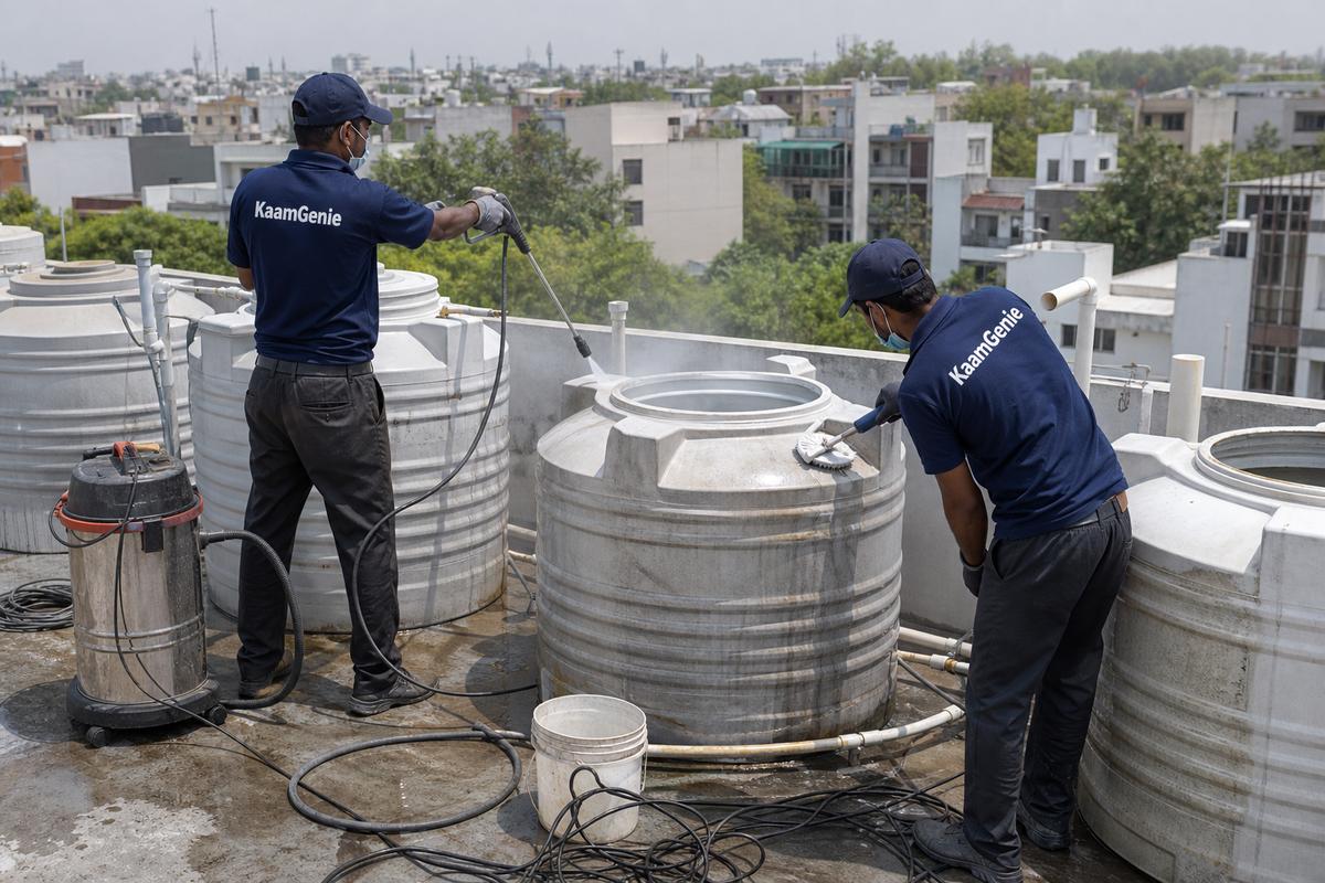 KaamGenie crew cleaning a society water tank in Geetanjali Enclave, Delhi