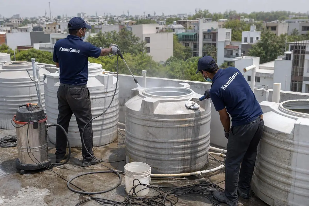KaamGenie crew cleaning a society water tank in Geetanjali Enclave, Delhi