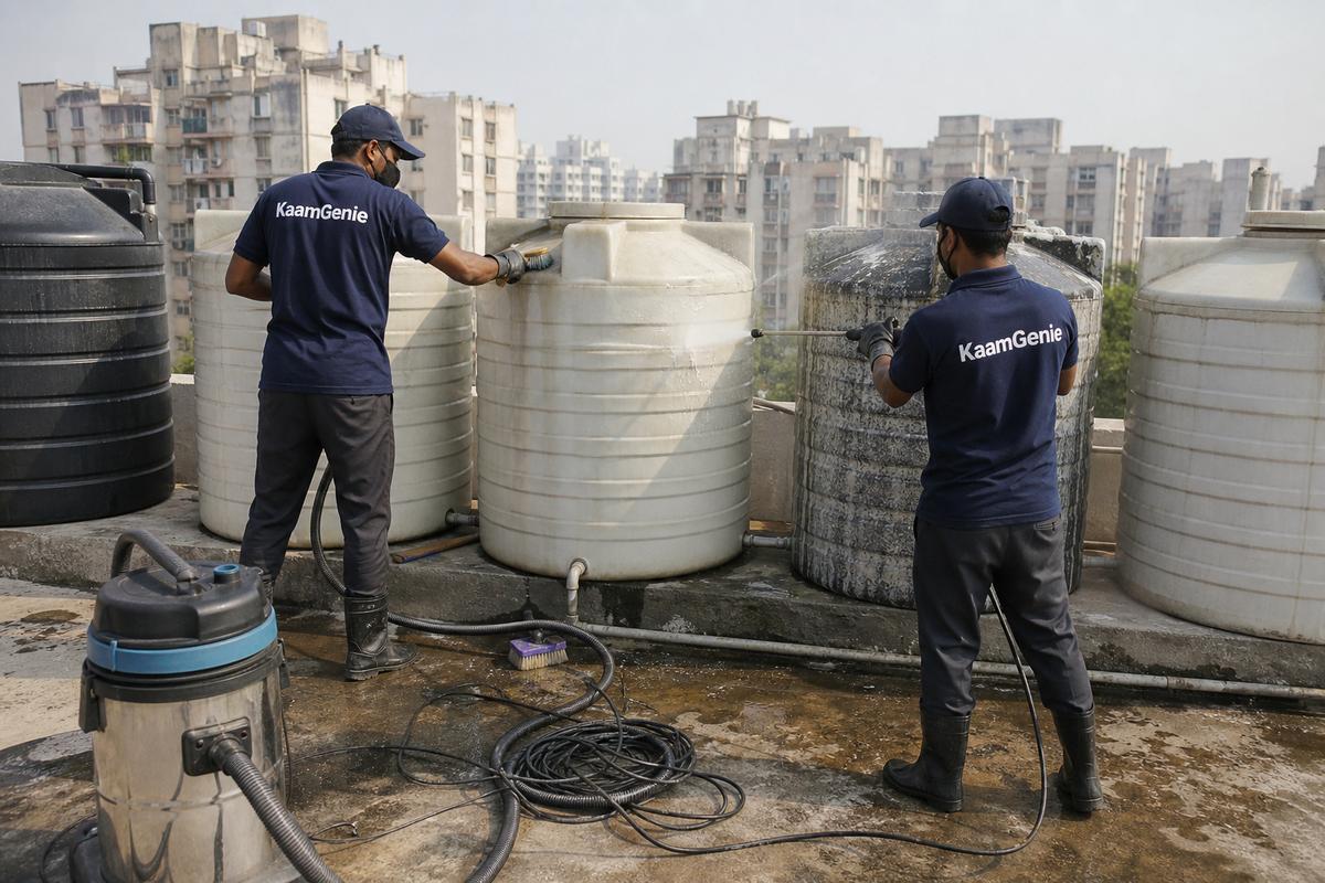 KaamGenie crew cleaning a society water tank in Gharoli, Delhi