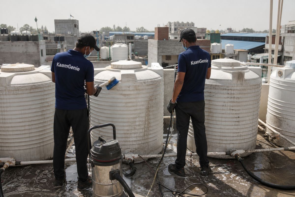 KaamGenie crew cleaning a society water tank in Ghazipur, Delhi