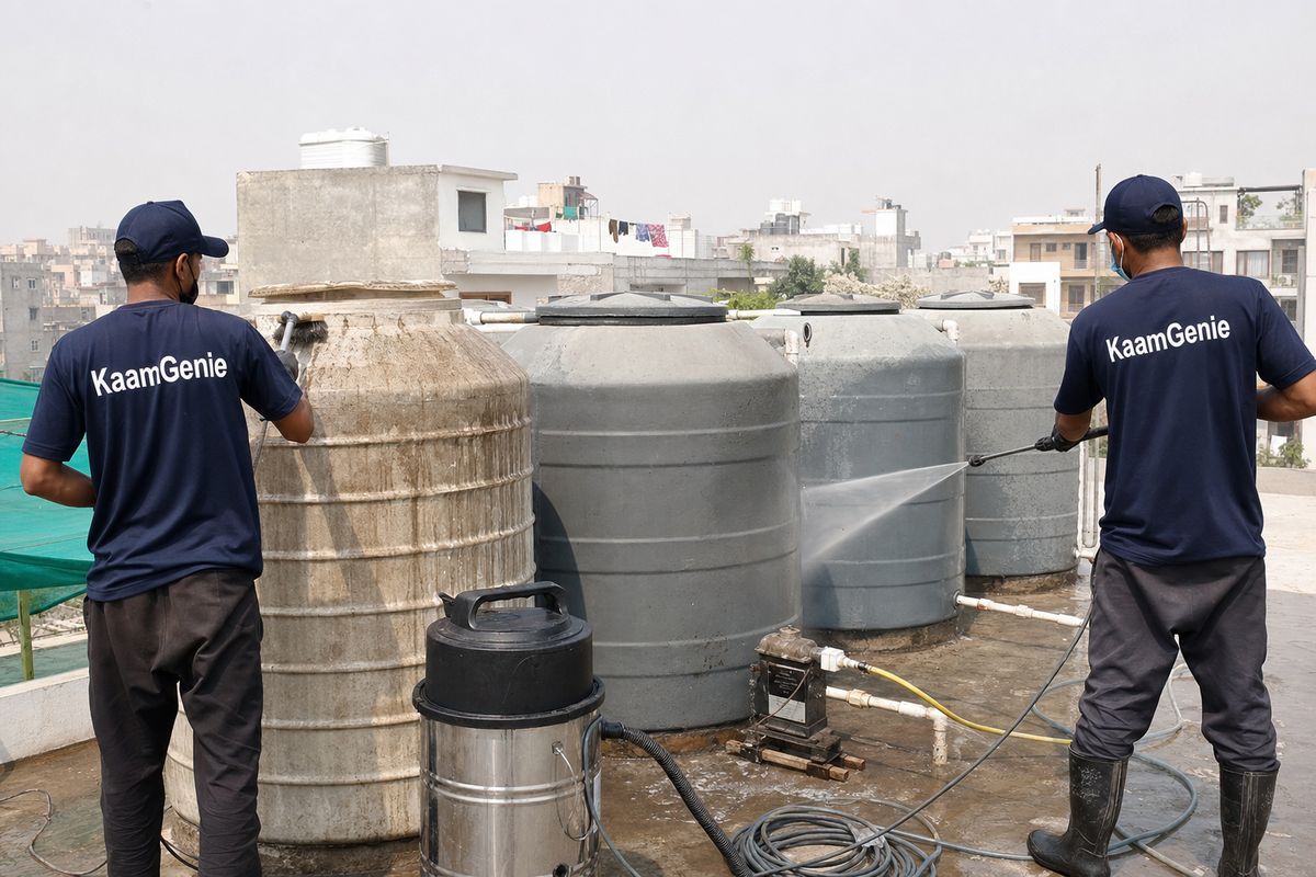 KaamGenie crew cleaning a society water tank in Ghitorni, Delhi