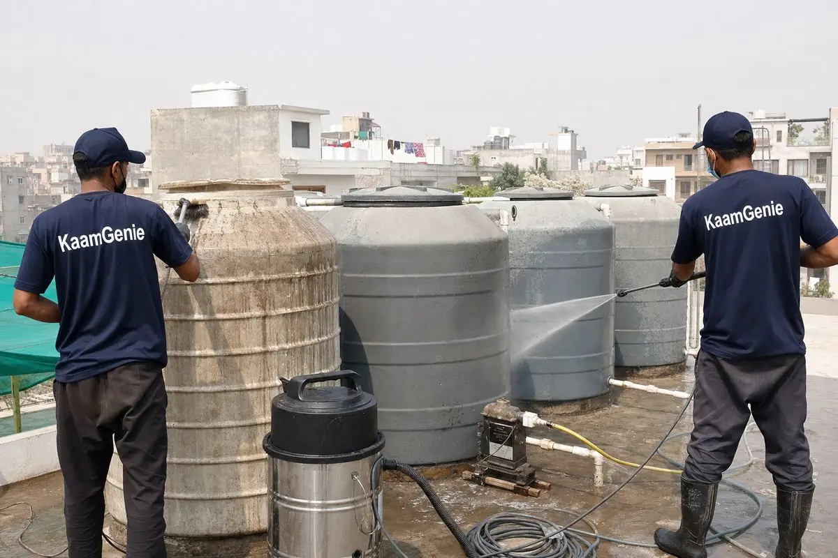 KaamGenie crew cleaning a society water tank in Ghitorni, Delhi