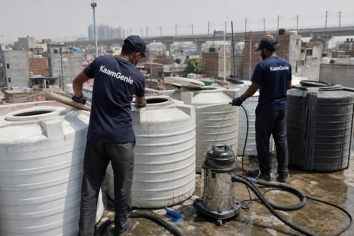 KaamGenie crew cleaning a society water tank in Gokalpuri, Delhi