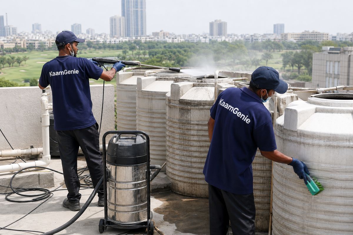 KaamGenie crew cleaning a society water tank in Golf Links, Delhi