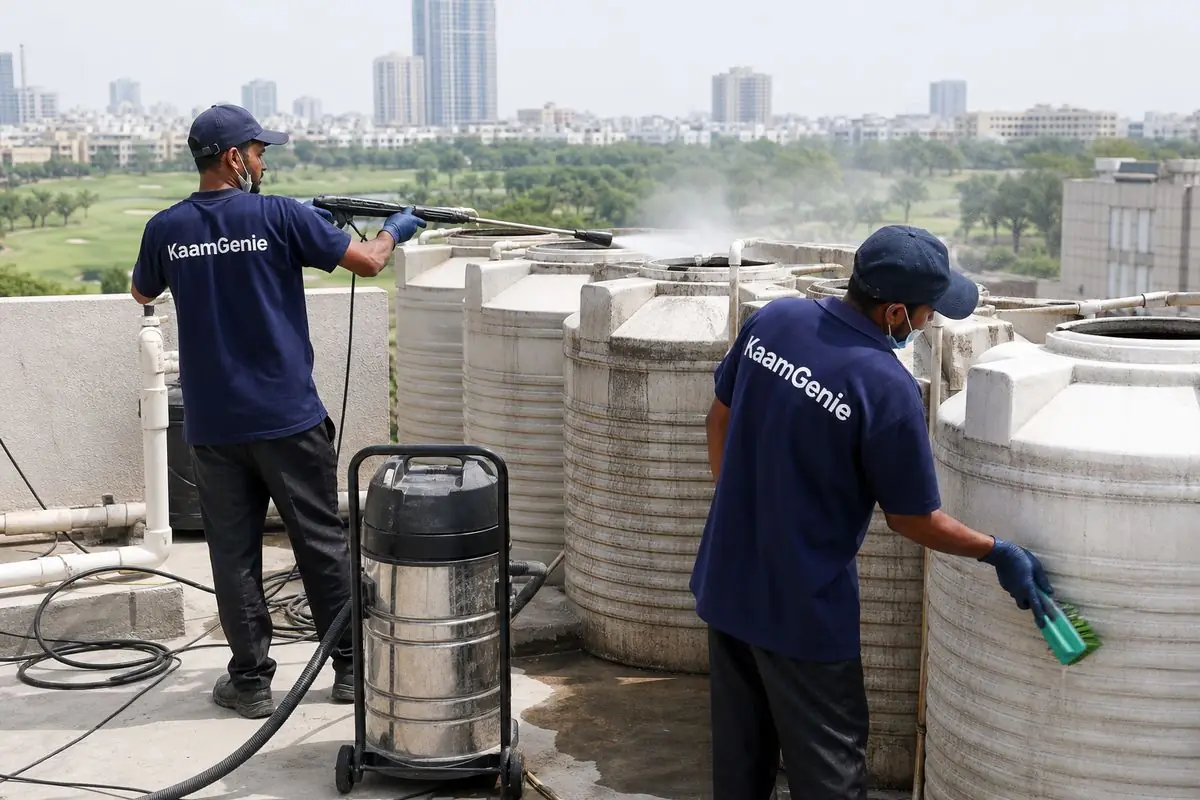 KaamGenie crew cleaning a society water tank in Golf Links, Delhi