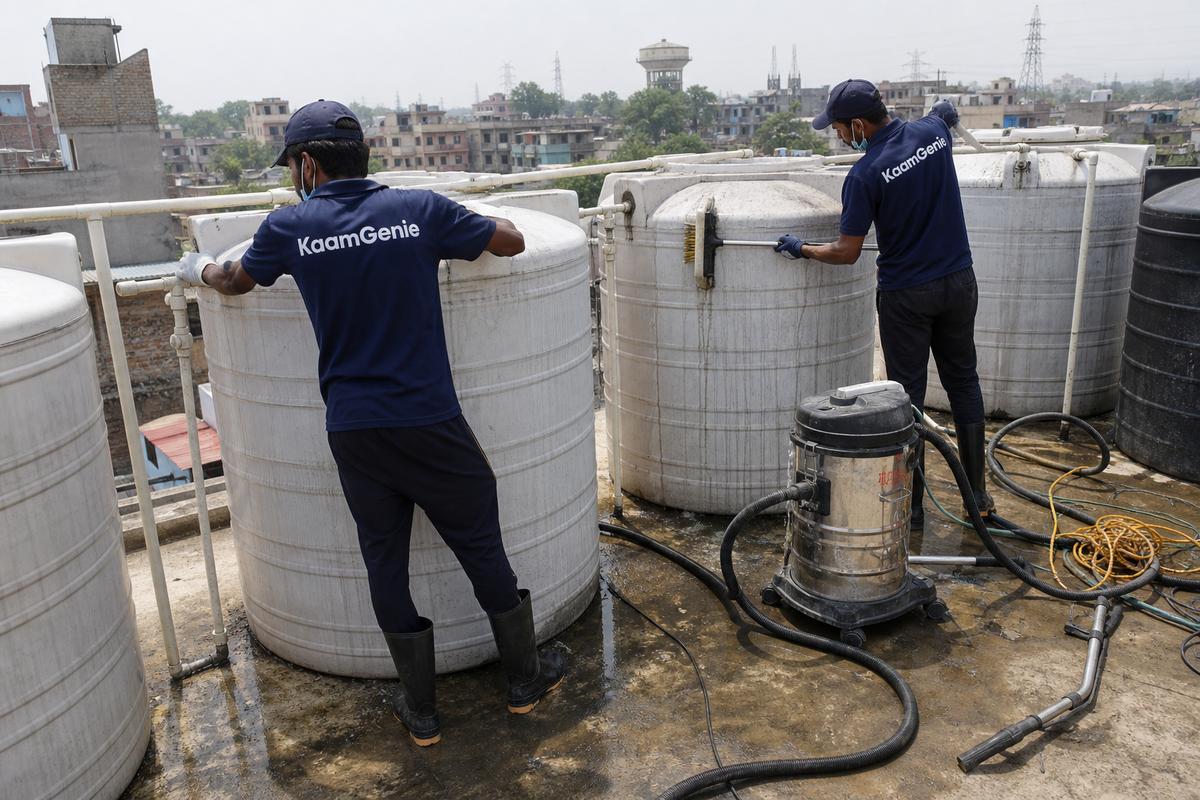 KaamGenie crew cleaning a society water tank in Haiderpur, Delhi