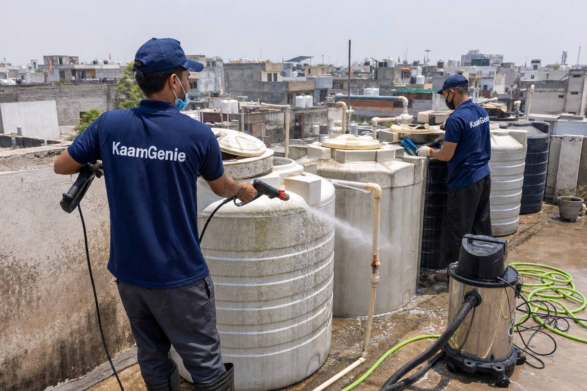 KaamGenie crew cleaning a society water tank in Hamdard Nagar, Delhi