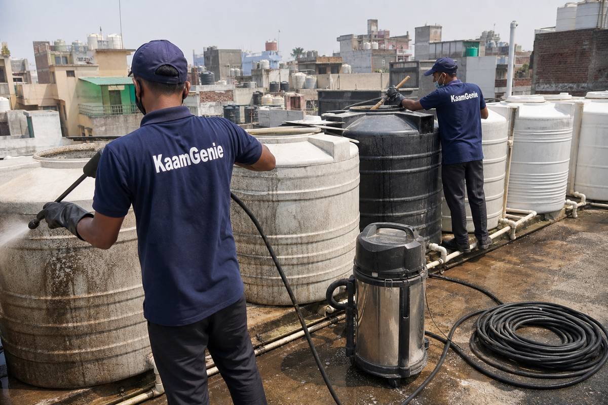 KaamGenie crew cleaning a society water tank in Hari Nagar Ashram, Delhi