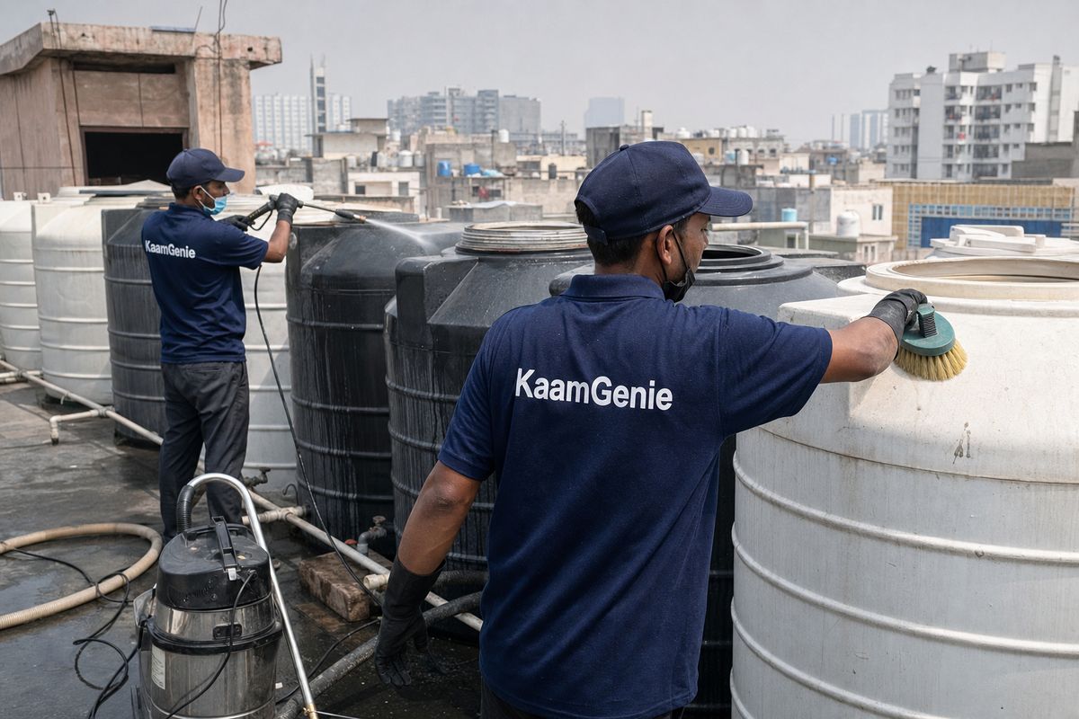 KaamGenie crew cleaning a society water tank in Harkesh Nagar, Delhi