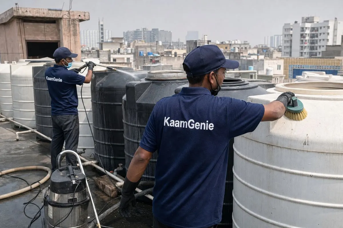 KaamGenie crew cleaning a society water tank in Harkesh Nagar, Delhi